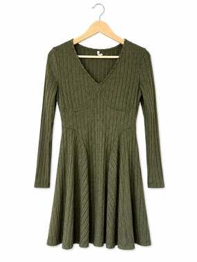 Halara Ribbed Knit V Neck Long Sleeve Flare Mini Casual Dress